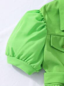 Girls' Solid Short Sleeve Romper With Belt, Summer - Green - View 6