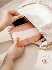 1 pieza Caja de almacenamiento de joyas de cuero PU, caja de almacenamiento de joyas con estilo de botón, caja de colección de joyas, caja de almacenamiento de anillos