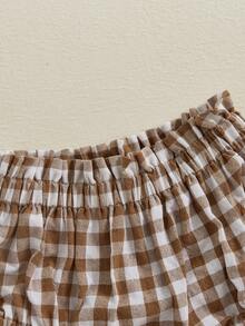 Pantalones cortos a cuadros con volantes y cintura elástica para bebé niña de 3 a 18 meses, pantalones cortos triangulares para verano - Caqui - Ver 4
