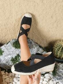 Sandalias de cuña con plataforma y cuerda cruzada para mujer, de moda - Negro - Ver 2