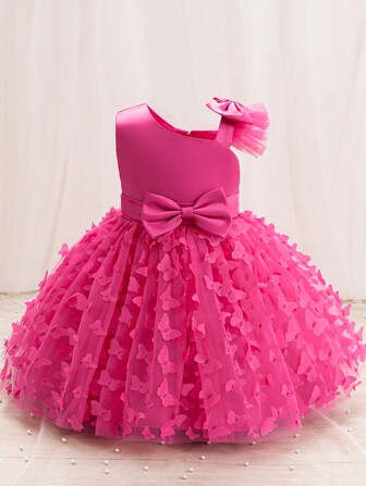 1 pieza Vestido de gala para niñas, diseño de una sola manga, decoración tridimensional de mariposas, adecuado para niñas de 1 a 5 años, ropa de fiesta