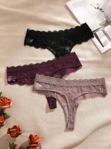 3pcs/Pack Women's Lace Breathable Low Waist Sexy Thong Panties - Multicolor - View 2