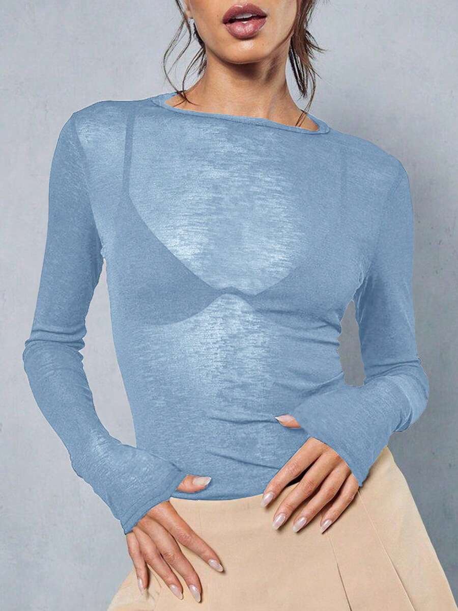 Y2K Elastic Sheer Long Sleeve Crew Neck Fitted T-Shirt Top - Baby Blue - View 1