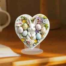 1 Piece Of Adorable Bunny Heart Silhouette Ornament, Heart Shape 2D Acrylic Decoration With Pastel Flowers And Colored Eggs, Perfect For Everyday Accessories Such As Home And Desk Decoration, And Also An Ideal Gift For Family And Friends