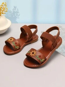 一双可爱简约的女童凉鞋，绣有雏菊图案，鞋面弹性可调节，圆头软底公主鞋，适合夏季穿着。 - 棕色 - 查看 6