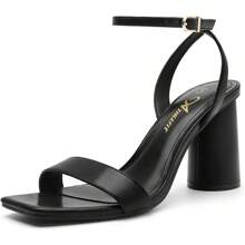 Athlefit Fashionable Women's Strappy Chunky Block Heels Chic Square Open Toe Heeled Sandals Dress Wedding Party Shoes - 黑色 - 查看 2