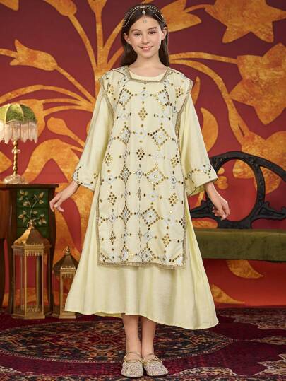 Große Größen Tween Mädchen Arabisch Stickerei Kaftan Kleid