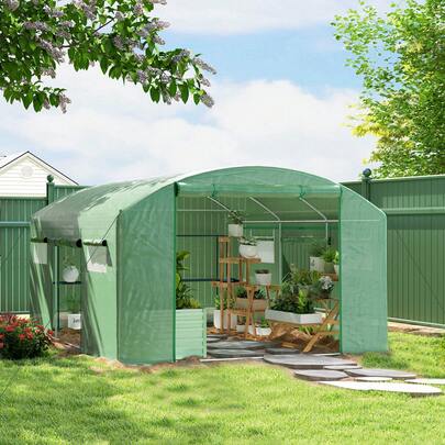  Outsunny 4 X 3 X 2m Polytunnel Greenhouse With 3 Roll-Up Doors And Mesh Windows, Walk-In Garden Tunnel Warm House Tent With UV-Resistant PE Cover And Galvanised Steel Frame, Green