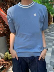 Men & Women Casual Loose Fit Colorful Striped Decorative Edge Short Sleeve Knit Pullover Sweater, Fresh And Energetic Embroidered Heart Design, Round Neck Knitwear, Spring/Summer - Blue - View 3