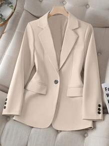 Plus Size Women's Solid Color Single-Breasted Casual Commuter Blazer, Thin Lapel Collar Long Sleeve, Autumn - Apricot - View 1