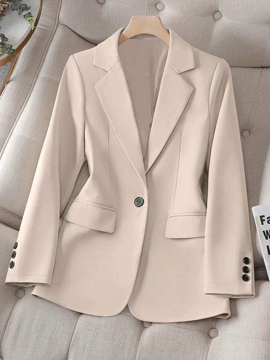 Plus Size Women's Solid Color Single-Breasted Casual Commuter Blazer, Thin Lapel Collar Long Sleeve, Autumn - Apricot - View 1