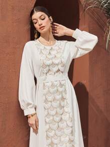 QIANZHIDU Vrouwen Elegante Arabische Stijl Jacquard Lange Mouw Jurk