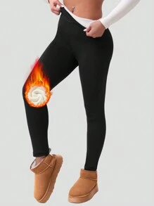 1pc Women Outdoor Sports Thick Plus Fleece Thick Leggings, High Waist Skinny Fit Stretchy Pants, Winter