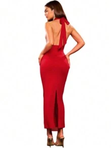 Vestido Rojo Largo Liso Listón Satinado Fiesta Evento - Rojo - Ver 2