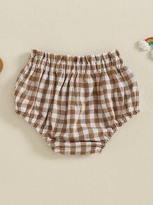 Pantalones cortos a cuadros con volantes y cintura elástica para bebé niña de 3 a 18 meses, pantalones cortos triangulares para verano - Caqui - Ver 3