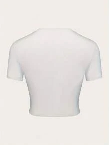 New Crop Top With Round Neck And Short Sleeves Dominican Republic Letter Print Women's Casual Simple Fitted Short Crop Top - trắng - Xem 2