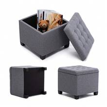 Ottoman Cube en Lin avec Coffre de Rangement, Pouf, Tabouret, avec siège/Couvercle rembourré Amovible, pour Salon, Coiffeuse, Chambre, Entrée - 45 x 45 x 41 cm - Gris Argenté