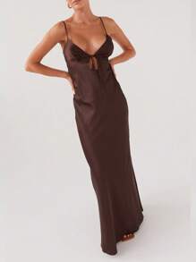 Women Slip Cami Dress Long Sleeveless Tie-Up Front Backless Maxi Dress Lounge Dress - 咖啡 - 查看 4