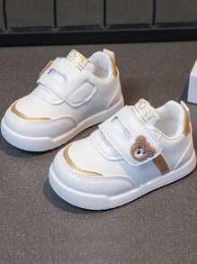 Lindo oso de punto de dibujos animados antideslizante PU suela blanda zapatos deportivos de los niños, los niños y las niñas de moda ligero y transpirable zapatos antideslizantes, gancho pegajoso y cierre de bucle de los niños ronda dedo del pie zapatos deportivos casuales, adecuado para adolescentes, niños, bebés, baloncesto, tenis, fútbol, deportes al aire libre y ocasiones casuales. - Dorado - Ver 2