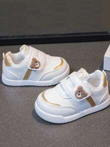 Lindo oso de punto de dibujos animados antideslizante PU suela blanda zapatos deportivos de los niños, los niños y las niñas de moda ligero y transpirable zapatos antideslizantes, gancho pegajoso y cierre de bucle de los niños ronda dedo del pie zapatos deportivos casuales, adecuado para adolescentes, niños, bebés, baloncesto, tenis, fútbol, deportes al aire libre y ocasiones casuales. - Dorado - Ver 5