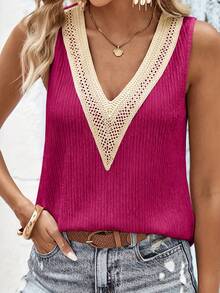女士 V 领贴花无袖背心，纯色纹理面料，时尚背心