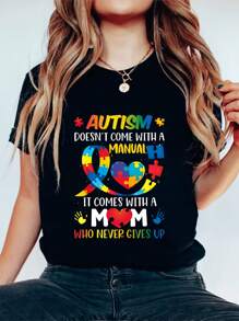 Women's Autism Awareness Graphic Print T-Shirt - Summer & Spring Casual Crew Neck, Puzzle Piece Design, Special Education Gift
