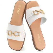 Rihero Stylish Women's Flat Sandals Summer Comfortable Square Open Toe Slip On Leather Slide Sandals - White - View 5