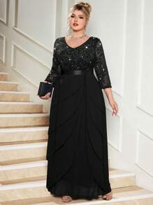 Plus V Neck Sequin Floral Lace Ruffle Trim Chiffon Hem Evening Party Maxi Dress, Formal Wedding Guest Dress, For Birthday, Graduation, Homecoming - Black - View 6