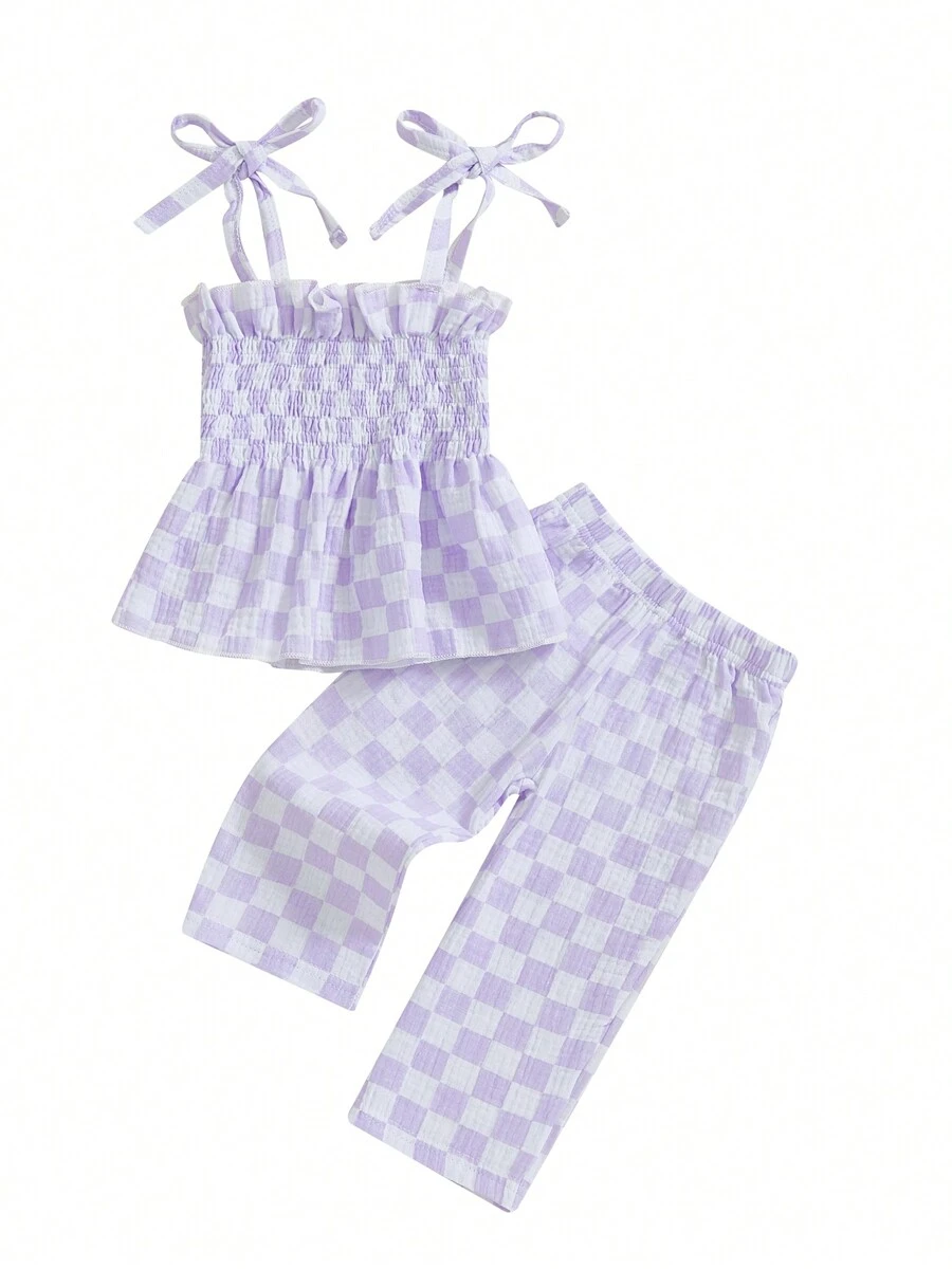 2Pcs Toddler Baby Girl Linen Summer Clothes Tie-Up Sleeveless Smocked Ruffle Hem Tops Long Pants Casual Outfits - Purple - View 1