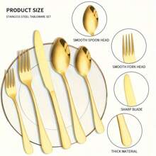 30/60-Piece Luxury Golden Flatware Set, Stainless Steel Cutlery For 6, Includes Dinner Spoons, Teaspoons, Dinner Forks, Salad Forks, Dinner Knives, Ideal For Home, Restaurant, Parties & Weddings - 金色 - 查看 4