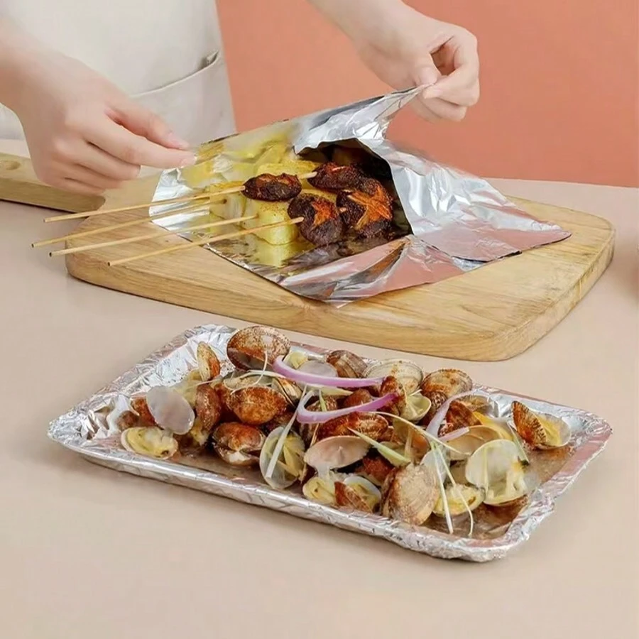 1pc Bao bì thực phẩm đa chức năng & Giấy bạc nướng, Giấy bạc nướng BBQ dày, Giấy bạc chiên không dầu, Giấy bạc lò nướng, Dụng cụ nướng - Bạc - Xem 1