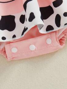 Monos de verano para niñas con estampado de abeja, mariquita, vaca y elefante, con dobladillo y mangas abullonadas y diadema - Rosa - Ver 6
