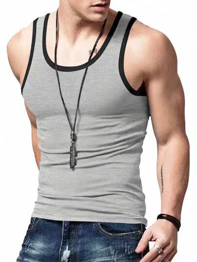 Men's Fashionable Summer Casual Fitness Vest, Sleeveless O Neck Contrasting Color Exercise Vest