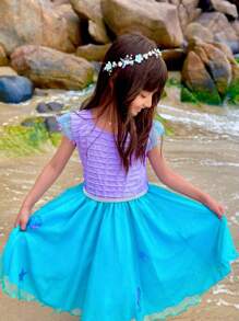 Vestido Infantil Festa Aniversário Tema Sereia Fundo do Mar De Luxo Lilás e Azul Com Brilho - 1.2.3.4 - Azul - Visão 3