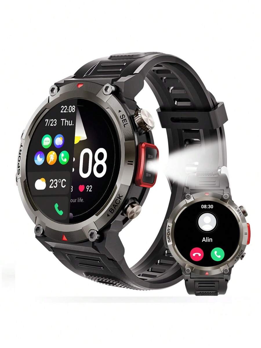 Reloj inteligente S100 militar para hombres con linterna LED 1.45" resistente 3ATM impermeable Smartwatch con 100+ modos de deportes Fitness Tracker con monitor de ritmo cardíaco sueño para iOS Android - Negro - Ver 1