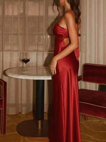 Women Y2k Spaghetti Strap Maxi Dress V Neck Tie Front Cutout Long Cami Dress Sleeveless Backless Party Wedding Dress - 酒紅色 - 查看 4