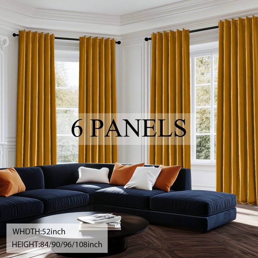 Topfinel 6 Panels Velvet Curtains Blackout Rod Pocket Back Tab Curtains For Living Room Bedroom Thermal Insulated Soundproof Window Drapes Room Darkening Privacy Home Decor Machine Washable - 芥末黃 - 查看 1