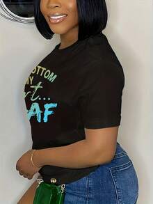 Plus Size Letters Print T -Shirt, Casual Round Lead Short -Sleeved T -Shirt, Lady Plus Size Clothing - Black - View 3