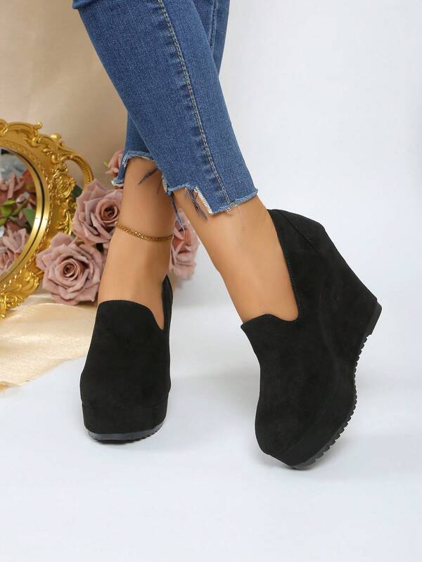 10cm Wedge Elegant Black Comfortable Versatile Slip-On Flats, Suitable For Daily Wear, Vacation, Commute, Party, Valentine's Day Date