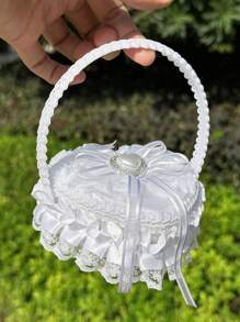 1 件婚礼手持戒指盒蕾丝仿珍珠戒指盒蝴蝶结小花篮花童手持心形戒指枕婚礼道具 - 彩色 - 查看 12