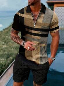 2pcs Plus Size Men's Fashion Printed Polo Shirt And Shorts Set - Multicolor - View 1