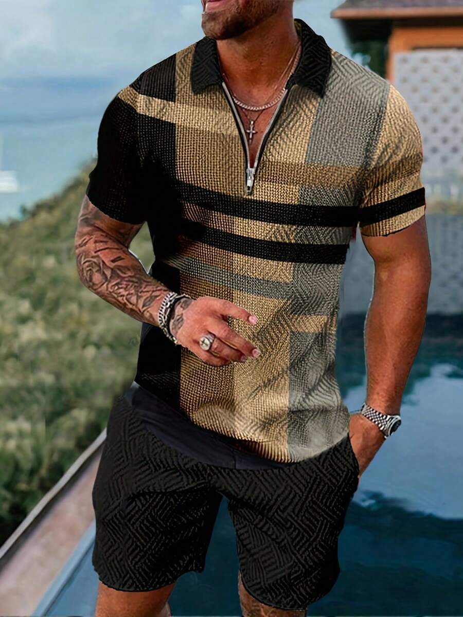 2pcs Plus Size Men's Fashion Printed Polo Shirt And Shorts Set - Multicolor - View 1