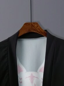 Japanese Style Fox Print Casual Lightweight Kimono Top, For Spring/Summer, Vintage Harajuku Streetwear, Travel, Beach Cover-Up, Performing Arts Costume - Black - View 5