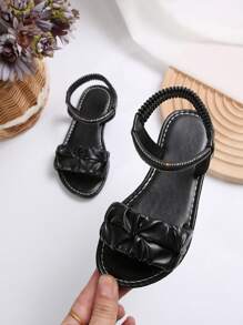 儿童鞋女童2025夏季新款时尚一体式圆头漏趾平底防滑一脚蹬休闲沙滩凉鞋 - 黑色 - 查看 1