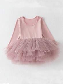 Shiny Long Sleeve Tulle Ballet Skirt For Girls, Solid Powder Pink Color, Children Dance Sportswear