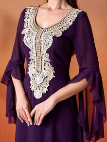 Women Square Neck Long Sleeve Slit Embroidered Maxi Dress,Party Dress,Gown,Formal,Evening,Wedding Guest - Purple - View 3