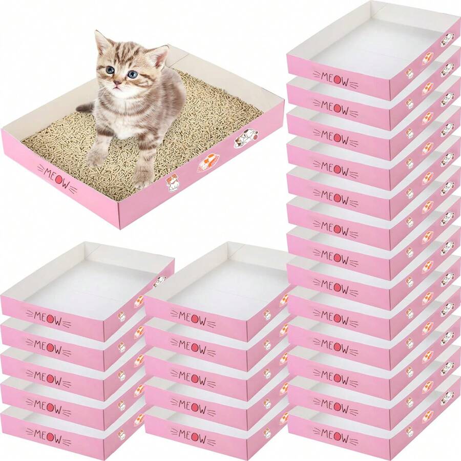 5pcs Disposable Cat Litter Box Foldable Paper Kitty Tray Small Lightweight Cardboard Box Water Proof For Indoor Low Entry Easy Disposal Non Clumping Nice Absorption Portable - Baby Pink - View 1