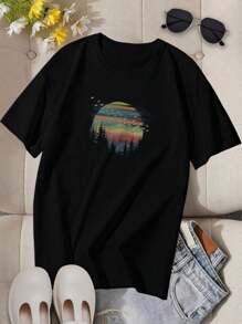 Geometric Nature And Forest Sunset Vibes Casual Crew Neck Women T-Women's Shirt For Women