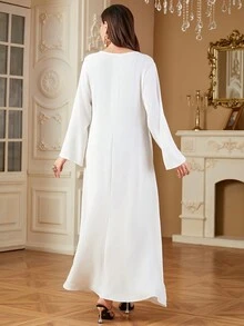 SISKAKIA Muslim Women Prayer Clothes Round Neck Solid Full Sleeve Loose Long Dress Elegant Casual Kaftan Abaya Dubai,Modest - White - View 3