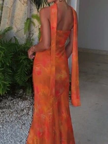 抹胸荷叶边性感渔网印花连衣裙 - 橘色 - 查看 2